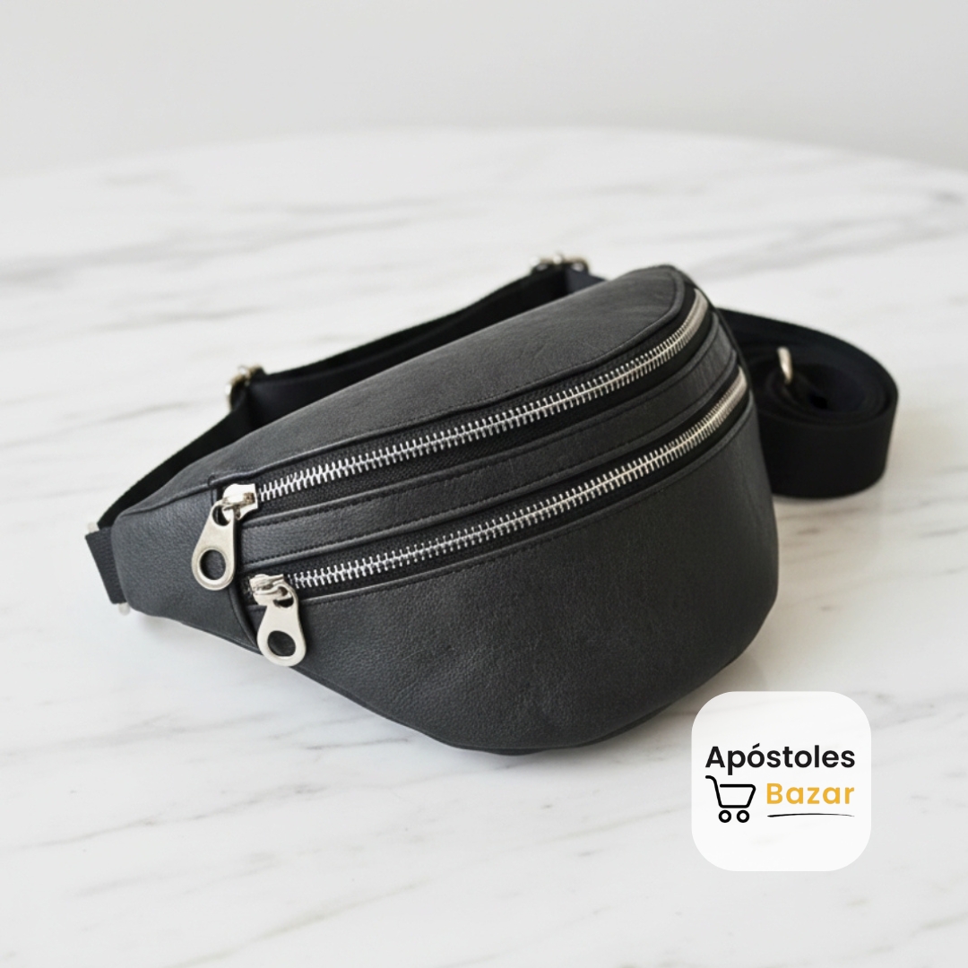 Detalle de la riñonera negra gastada